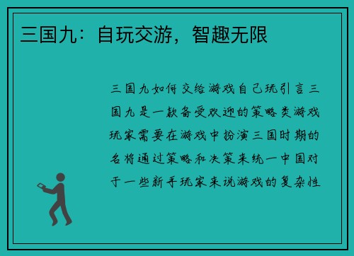 三国九：自玩交游，智趣无限