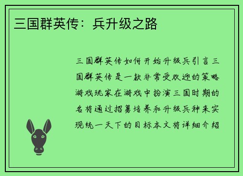 三国群英传：兵升级之路